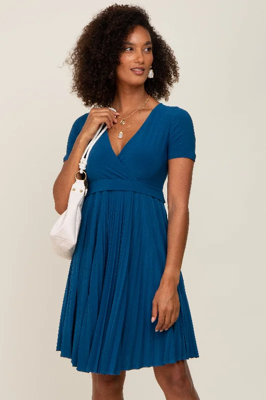 maternity soft-touch maternity dress -Teal Pleated Maternity/Nursing Dress