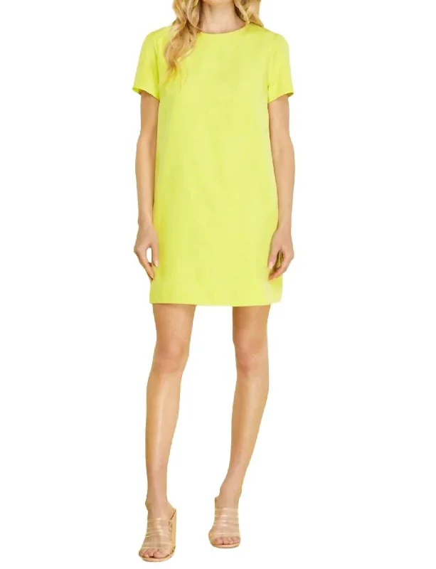 short sleeve floral embroidered dress -Short Sleeve Shift Woven Dress In Lime