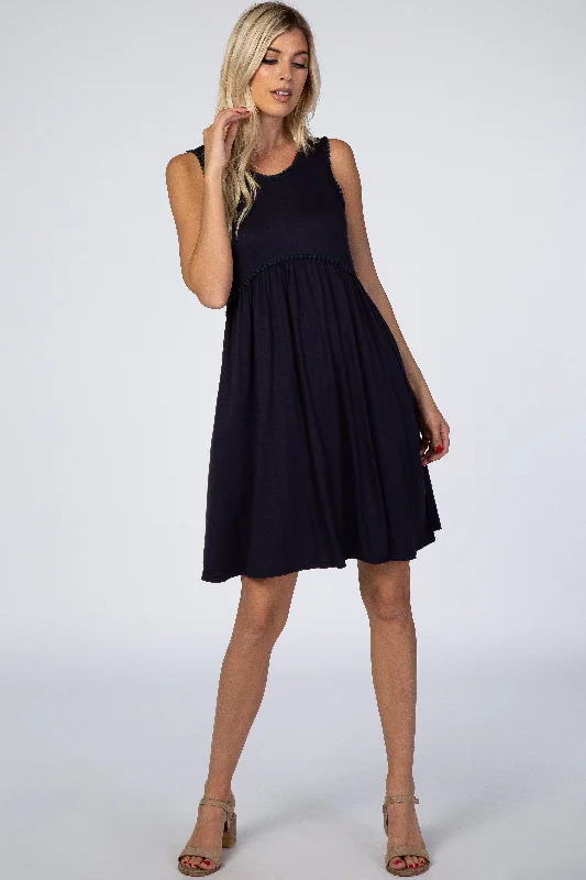 sleeveless flowy dress -PinkBlush Navy Blue Sleeveless Round Neck Pom Pom Detail Dress