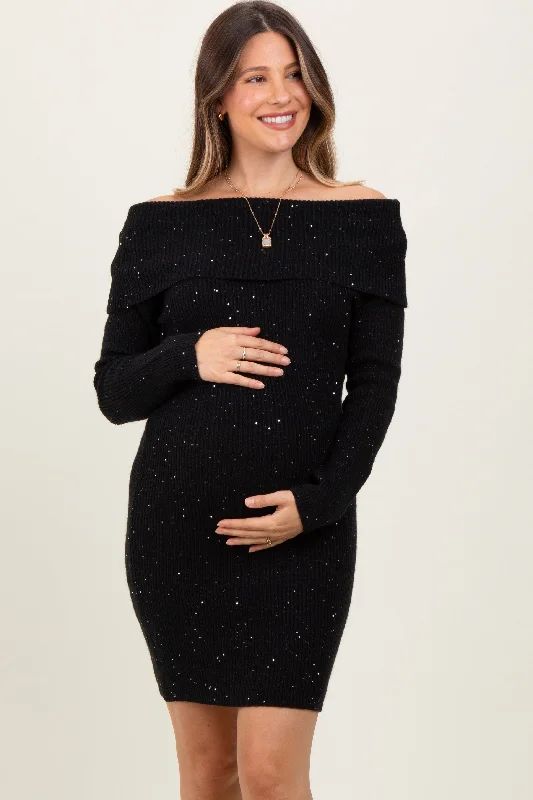 maternity empire waist dress -Black Off Shoulder Short Sequin Maternity Sweater Dress