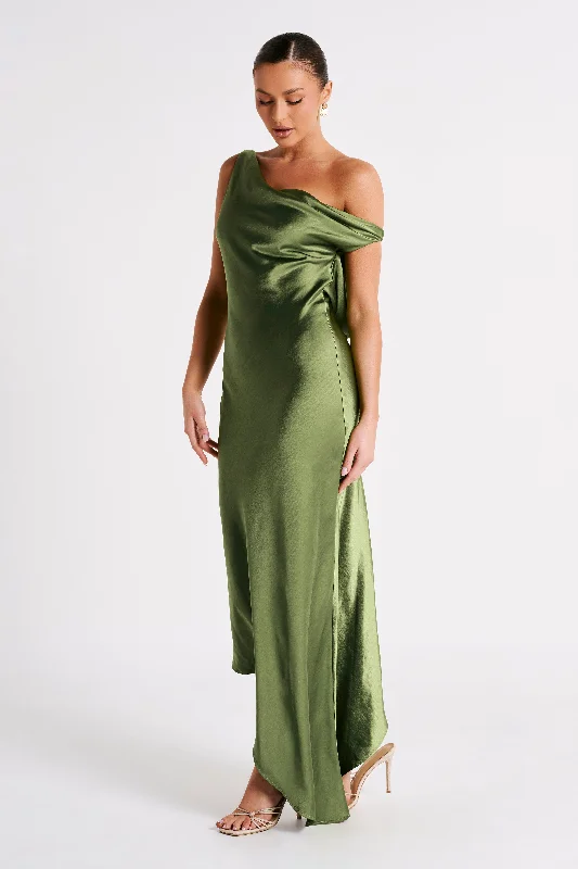 Women's maxi dress summer sweep -Yvette Slip Maxi Dress With Asymmetrical Hem - Emerald