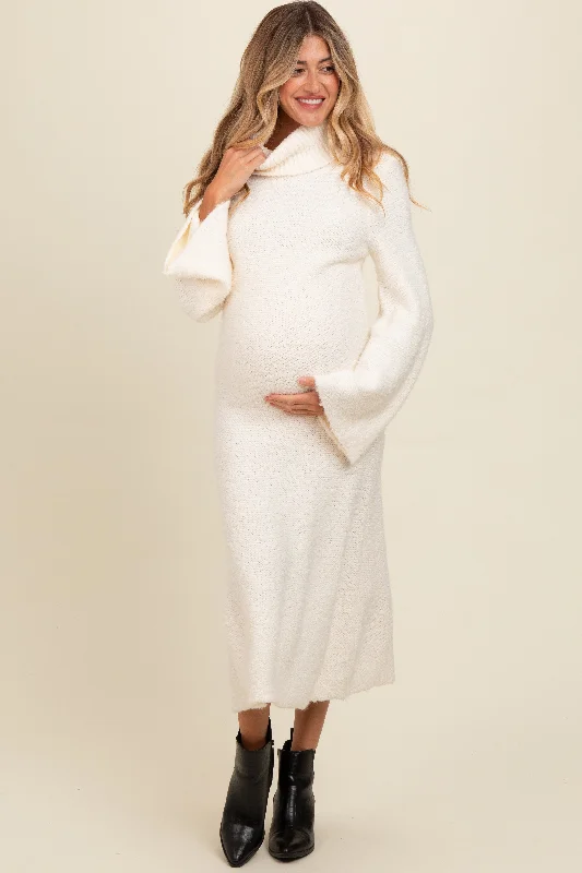 maternity plus size maternity dress -Ivory Turtleneck Bell Sleeve Maternity Sweater Dress