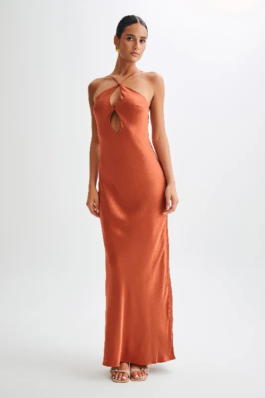 Women's maxi dress vintage twill -Lucia Satin Cut Out Maxi Dress - Burnt Orange