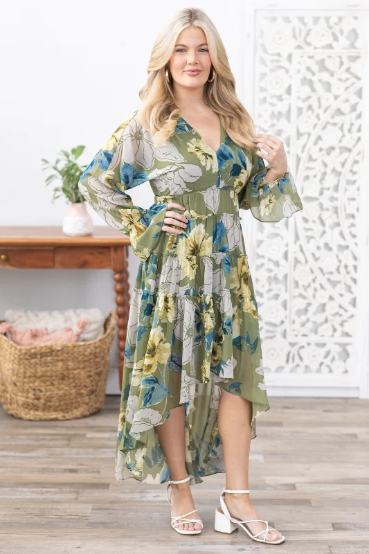 Women's maxi dress breezy fit -Olive Floral V-Neck Long Sleeve Maxi Dress