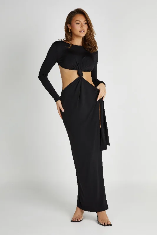 Women's maxi dress plush velvet -Kiandra Slinky Knot Maxi Dress - Black