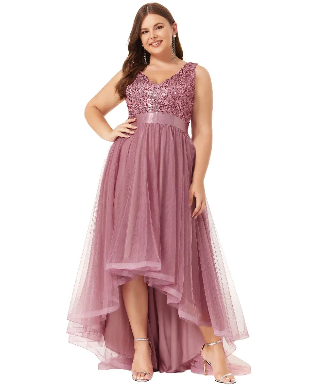 sleeveless soft-touch dress -Sleeveless Sequin Ribbon Waist Tulle High Low Evening Dress | Purple Orchid