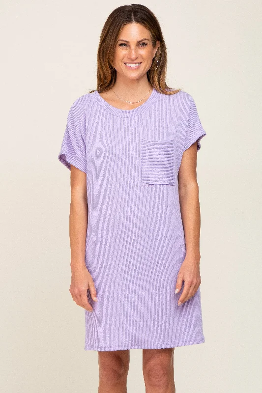 short sleeve daisy print dress -Lavender Ribbed Front Pocket Dolman Short Sleeve Dress