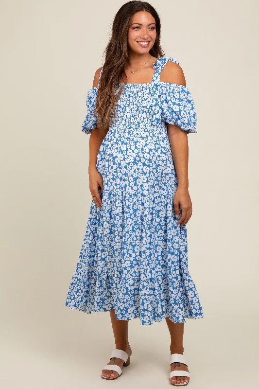 maternity pregnancy safe dress -Blue Floral Off Shoulder Smocked Maternity Dress