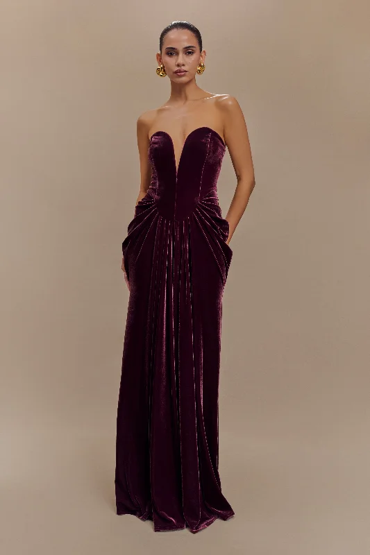 Women's maxi dress tailored satin -Paige Strapless Velvet Maxi Dress - Plum