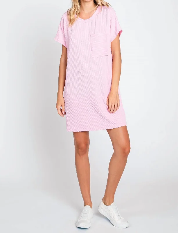 short sleeve evening dress -Ribbed Short Sleeve Dress In Pink