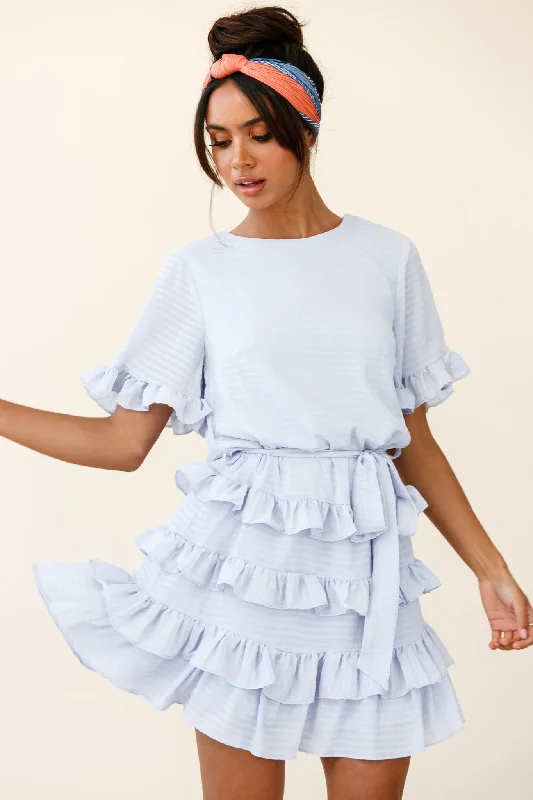 short sleeve deep V dress -Zipporah Short Sleeve Layered Ruffle Dress Grey