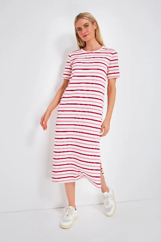 short sleeve mini dress -Red and Pink Stripe Short Sleeve Gio Maxi Dress