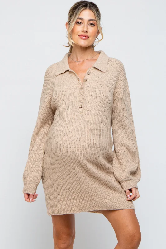 maternity perfect fit maternity dress -Beige Collared Button Front Maternity Sweater Dress