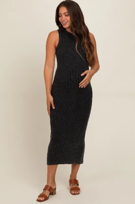 maternity one piece dress -Charcoal Vintage Wash Ribbed Cutout Maternity Dress