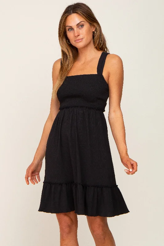 sleeveless mesh overlay dress -Black Smocked Sleeveless Crepe Dress