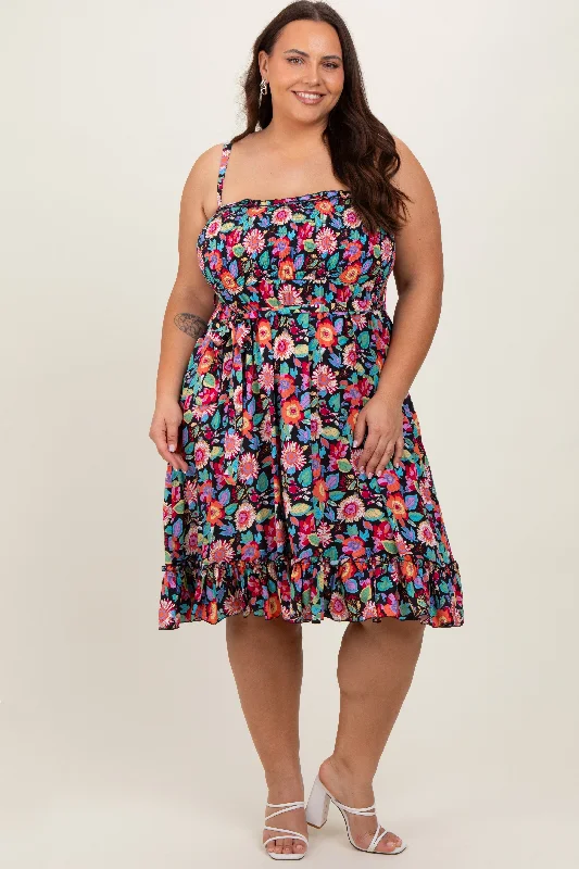 sleeveless ruffled hem dress -Black Floral Sleeveless Ruffled Plus Dress