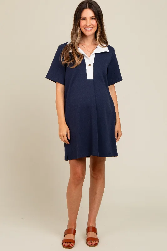 maternity sweater dress -Navy Blue Contrast Collar Maternity Polo Dress