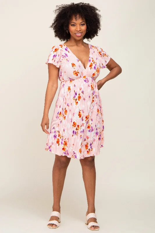 short sleeve open-back dress -Pink Floral Pleated V-Neck Short Sleeve Dress