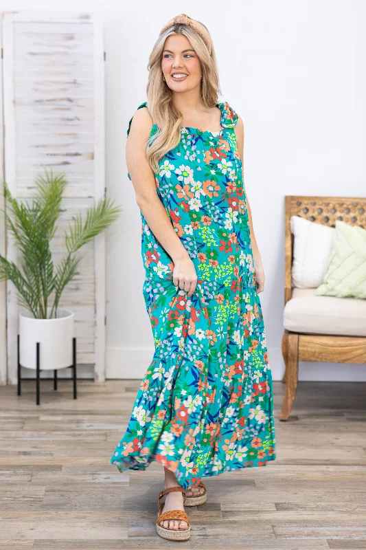 Women's maxi dress lightweight cotton -Teal Multicolor Floral Print Maxi Dress