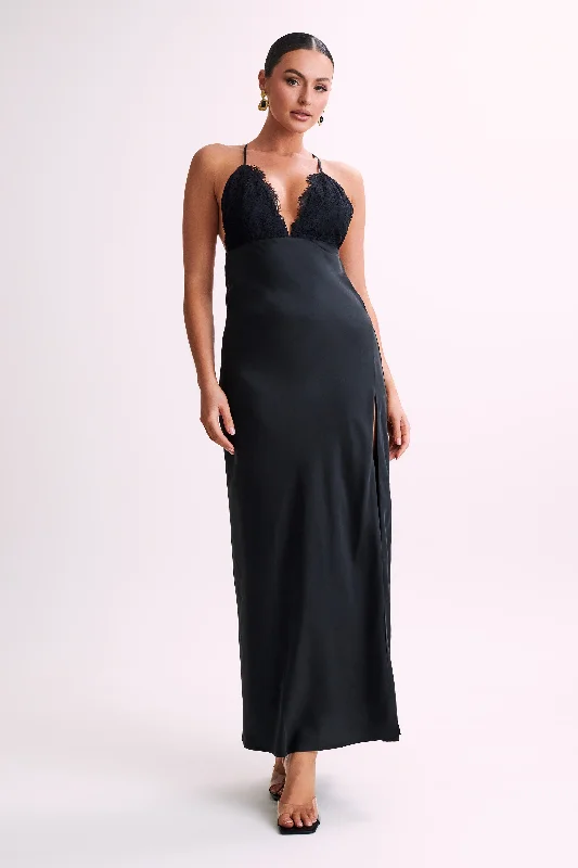 Women's maxi dress soft poplin -Gina Satin Slip Maxi Dress With Lace - Black