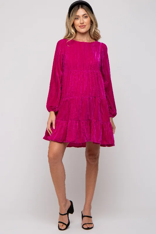 maternity trendy dress -Magenta Velvet Tiered Long Sleeve Maternity Dress