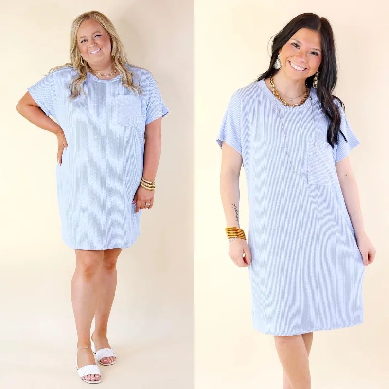 short sleeve resort dress -Coffee and Carefree Ribbed Short Sleeve Dress with Front Pocket in Sky Blue