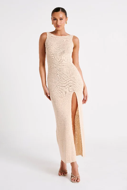 Women's maxi dress deep plum -Maxine Sheer Knit Maxi Dress - Wheat