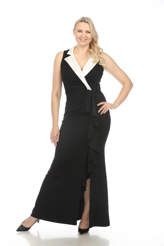 sleeveless embroidered dress -Joseph Ribkoff Black/Off-White Two-Tone Ruffled Sleeveless Long Dress 241712