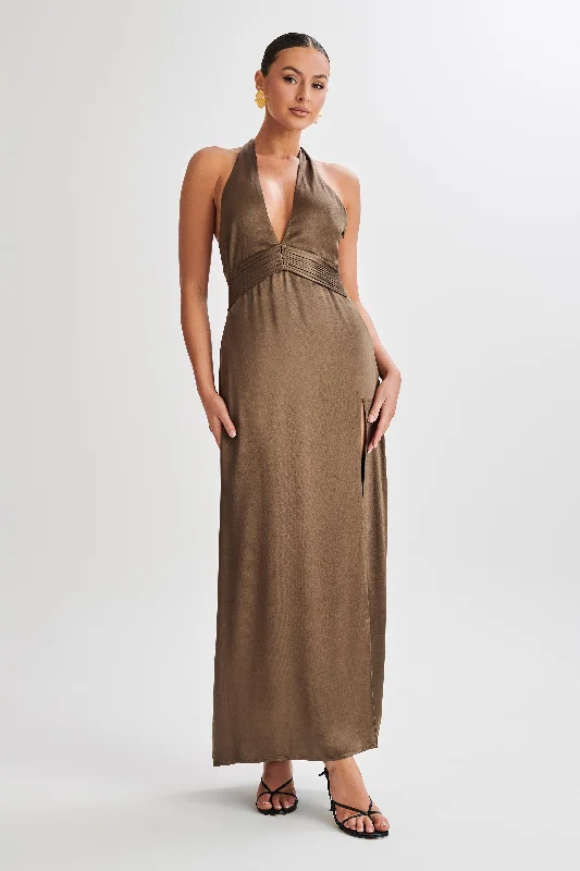 Women's maxi dress daily grace -Milana Halter Maxi Dress - Khaki