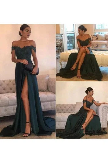 sleeveless brown dress -Off-the-shoulder A-line Floor-length Court Train Sleeveless Chiffon Lace Evening Dress with Zipper Back