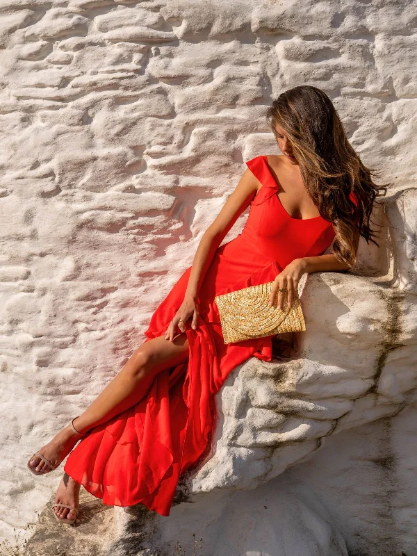 Women's maxi dress side slit -Bella Ruffle Detail Maxi Dress in Red