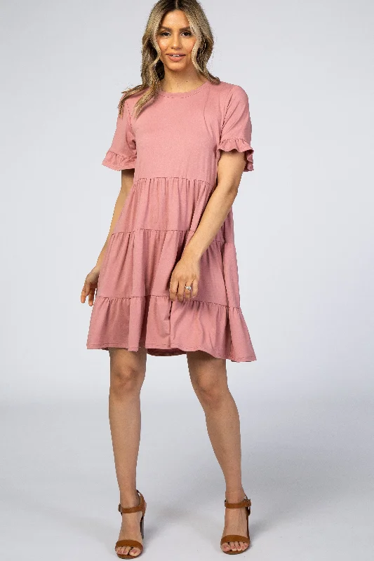 short sleeve cute pastel dress -Pink Tiered Short Sleeve Dress