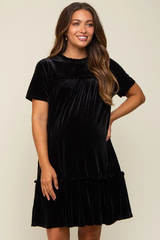 maternity soft-touch maternity dress -Black Ruffle Accent Velvet Maternity Dress