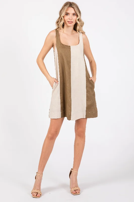 sleeveless turtleneck dress -Olive Color Block Linen Sleeveless Dress