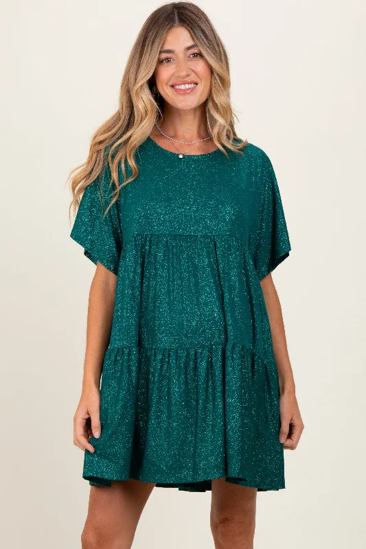 maternity cozy winter dress -Forest Green Glitter Flutter Sleeve Tiered Maternity Dress