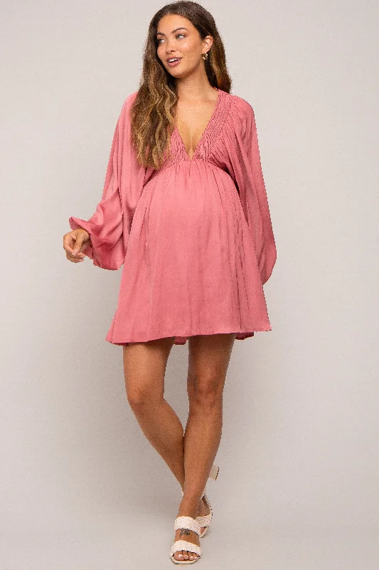 maternity maternity sweater dress -Mauve Deep V-Neck Long Sleeve Maternity Dress