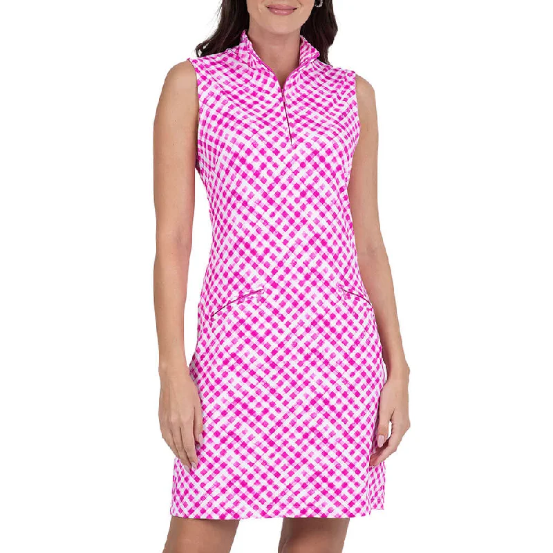 sleeveless brown dress -IBKUL Gingham Check Sleeveless Zip Mock Dress - Hot Pink/White