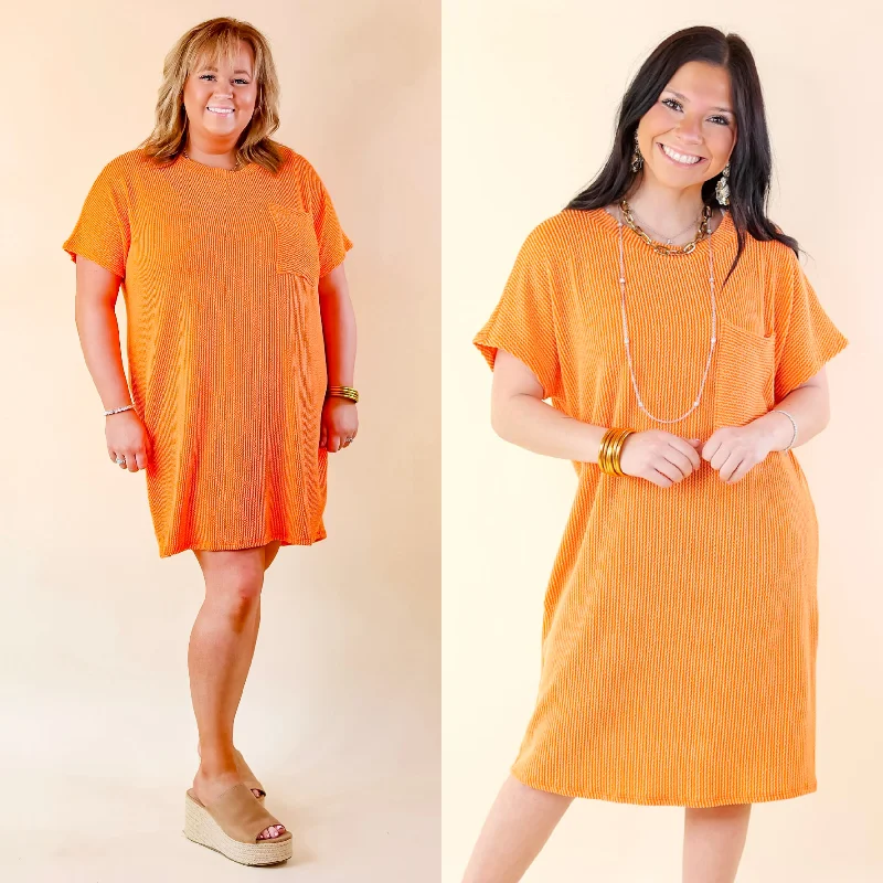 short sleeve comfortable maternity dress -Coffee and Carefree Ribbed Short Sleeve Dress with Front Pocket in Orange