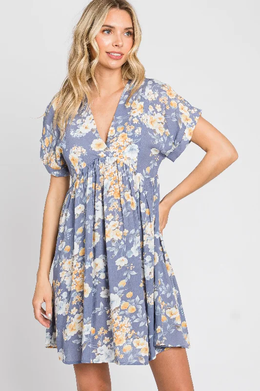 short sleeve asymmetrical hem dress -Blue Floral V-Neck Short Sleeve Dress