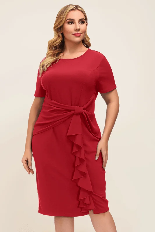 short sleeve round neck dress -HN Women Plus Size Ruffle Decorated Bodycon Dress Short Sleeve Crew Neck