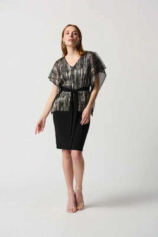 short sleeve gray dress -Joseph Ribkoff Black/Gold Foiled Pleated Overlay Short Sleeve Sheath Dress 234285