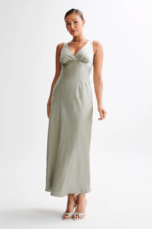 Women's maxi dress gala glamour -Meghan Satin Maxi Dress - Sage