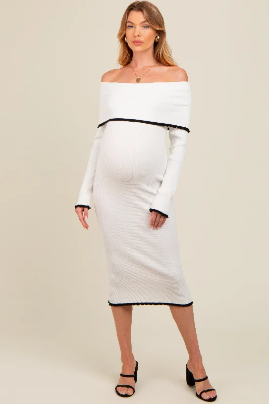 maternity round neck maternity dress -Ivory Knit Off Shoulder Contrast Ruffle Trim Maternity Dress