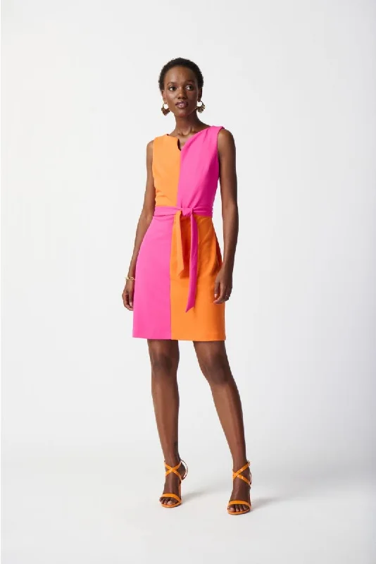 sleeveless striped dress -Joseph Ribkoff Ultra Pink/Mandarin Color Block Belted Sleeveless Sheath Dress 241193