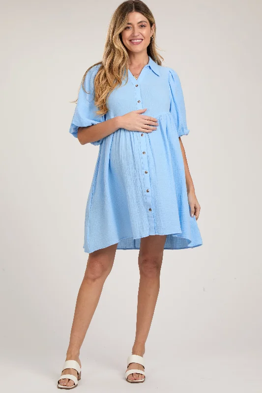 maternity maternity maxi evening dress -Light Blue Button Down Bubble Sleeve Collared Maternity Dress