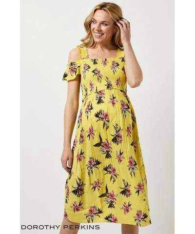 maternity wrap maternity dress -Yellow Maternity Shirred Floral Print Dress