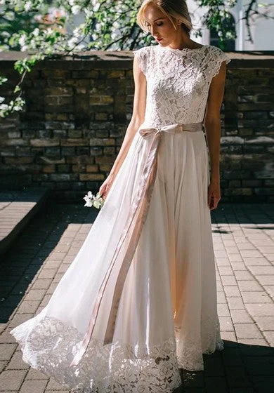 short sleeve tunic dress -Bohemian Bateau A Line Chiffon and Lace Floor-length Short Sleeve Wedding Dress with Ribbon