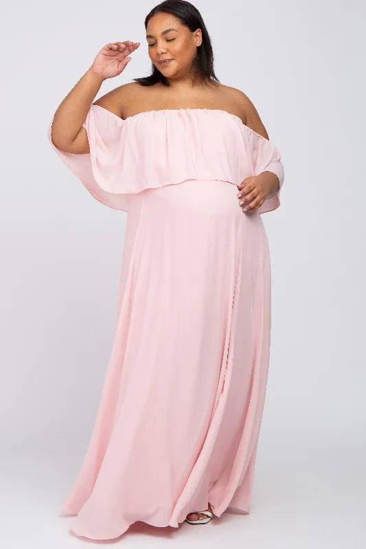 maternity boho dress -Light Pink Chiffon Off Shoulder Maternity Plus Gown