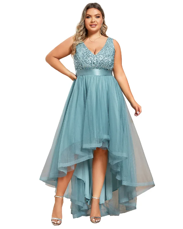 sleeveless slinky dress -Sleeveless Sequin Ribbon Waist Tulle High Low Evening Dress | Dusty Blue