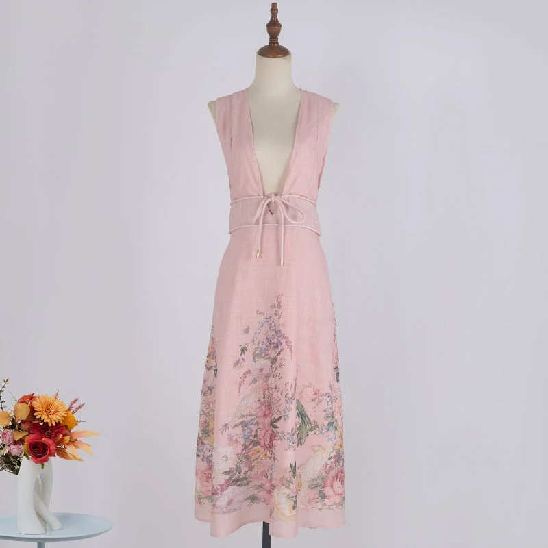 sleeveless maternity dress -Deep Design V-neck Pink Positioning Printing Sleeveless Holiday Fashionable Cotton And Linen Dress